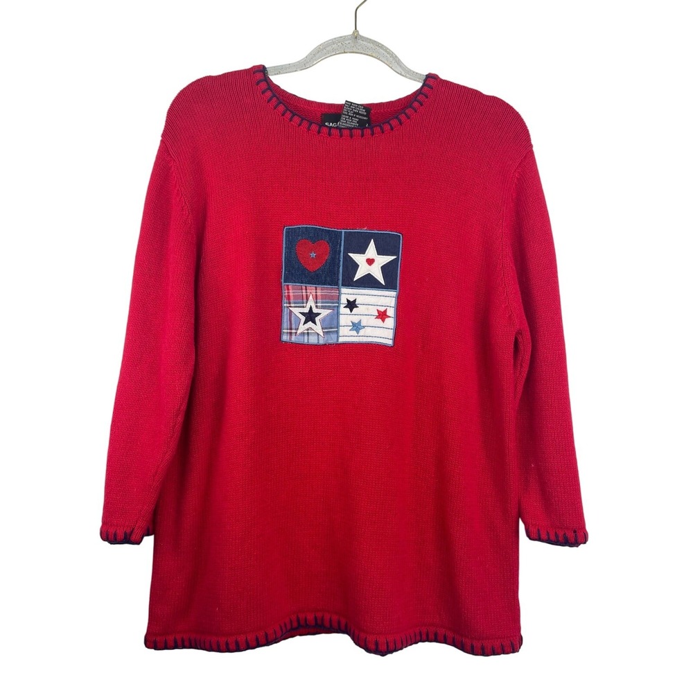 Sag Harbor Sport Red Patriotic Star Patch Knit Sweater L Americana Cottagecore L